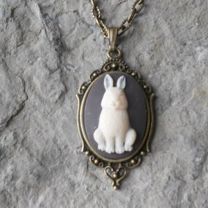 Ivory Bunny Rabbit (on a dark brown background) Cameo Pendant Necklace- Bronze -- Great Quality