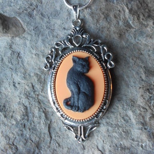 Halloween Black Cat (on an orange background) Cameo Pendant Necklace -- Great Quality