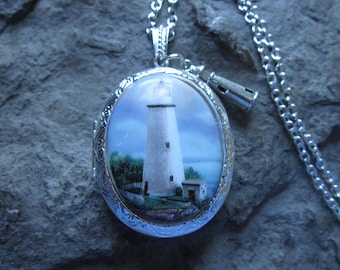 Choose Style - Lighthouse Porcelain Cameo Silver Plated Lockets with Hanging Lighthouse Charm -Nautical - Vacation - 2" Long - Great Quality