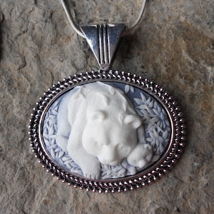 Bear with her Cub Cameo Pendant Necklace -  .925 plated - Bear Cub