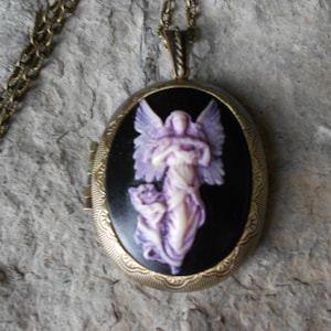 LOCKET--Stunning Guardian Angel Cameo (hand painted) (Purple) Bronze Pendant Locket -  2&quot; long--Antiqued Look--- Great Quality