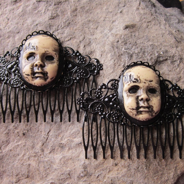 Choose Black. Bronze or Silver - Hand Painted Pair of Creepy Baby Doll Cameo Filigree Hair Combs -Scary Doll - Hair Accessory - Goth Wedding
