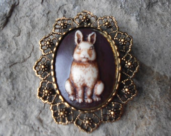 Choose Setting Color - 2 in 1 - Bunny Rabbit (Easter Bunny) Hand Painted Cameo Brooch/Pin/Pendant Beautiful Detail and Great Quality