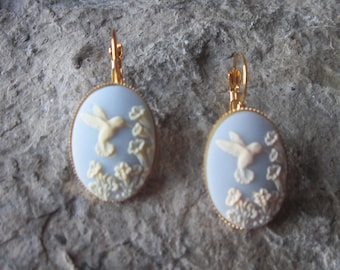 Gorgeous Ivory Hummingbird (on a sky blue background) Cameo French Earrings - Bridal - Borrowed Blue -   Wonderful Quality!!!