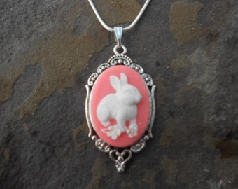 Stunning White Bunny Rabbit (on a pink background) Cameo Pendant Necklace---.925 plated 22" Chain--- Great Quality