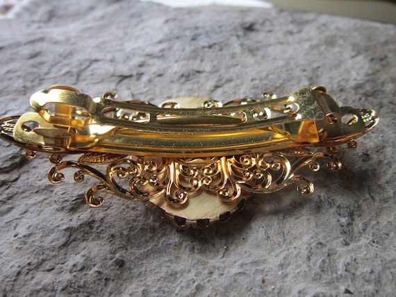 Vintage Gold Filigree Cameo Hair Barrette Accessory with Faux Pearls Choose Green, Black, Lavender or Burgundy - Lily of the  main image 2