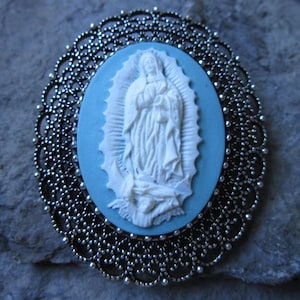 Choose Silver or Gold -2 in 1 - Lady of Guadalupe Cameo Brooch/Pin/Pendant, Virgin Mary - Easter - Blue -Christmas - Religious