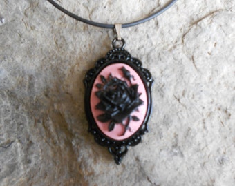 Stunning Black on Pink Rose Cameo Pendant Necklace--- Great Quality--- Unique Piece