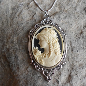 Stunning Beautiful Woman with Hat Cameo Portrait Pendant Necklace (cream on black)---.925 plated 22&quot; Chain--- Great Quality