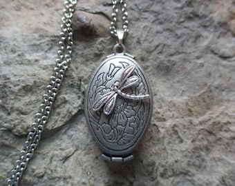 Four Photo Dark Silver Plated Dragonfly Oval Locket - Quality - Dragonflies - Photos, Keepsakes, Insect