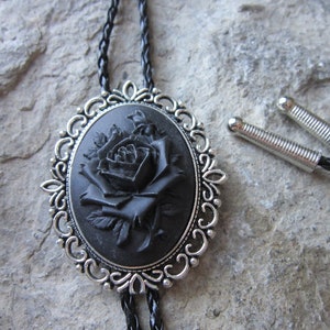 Choose Background Black, Gray, or White - Black Rose Cameo Unisex Bolo - Necklace - Choker - Tie - Goth -Cowboy - Cowgirl - Southwestern