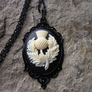 Scottish Thistle Cameo Necklace - Black Setting - Scotland, Scottish Heritage, Kilt Accessory, Scottish Gift