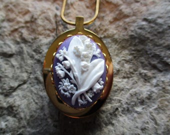 Choose Purple, Pink, or Green - Lily of the Valley Cameo Gold Plated Stainless Steel Urn Necklace - Ashes - Floral - Memorial Jewelry