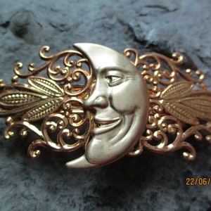 Crescent Moon Gold Filigree Barrette - Handmade - Hair Accessory - Moon with Face