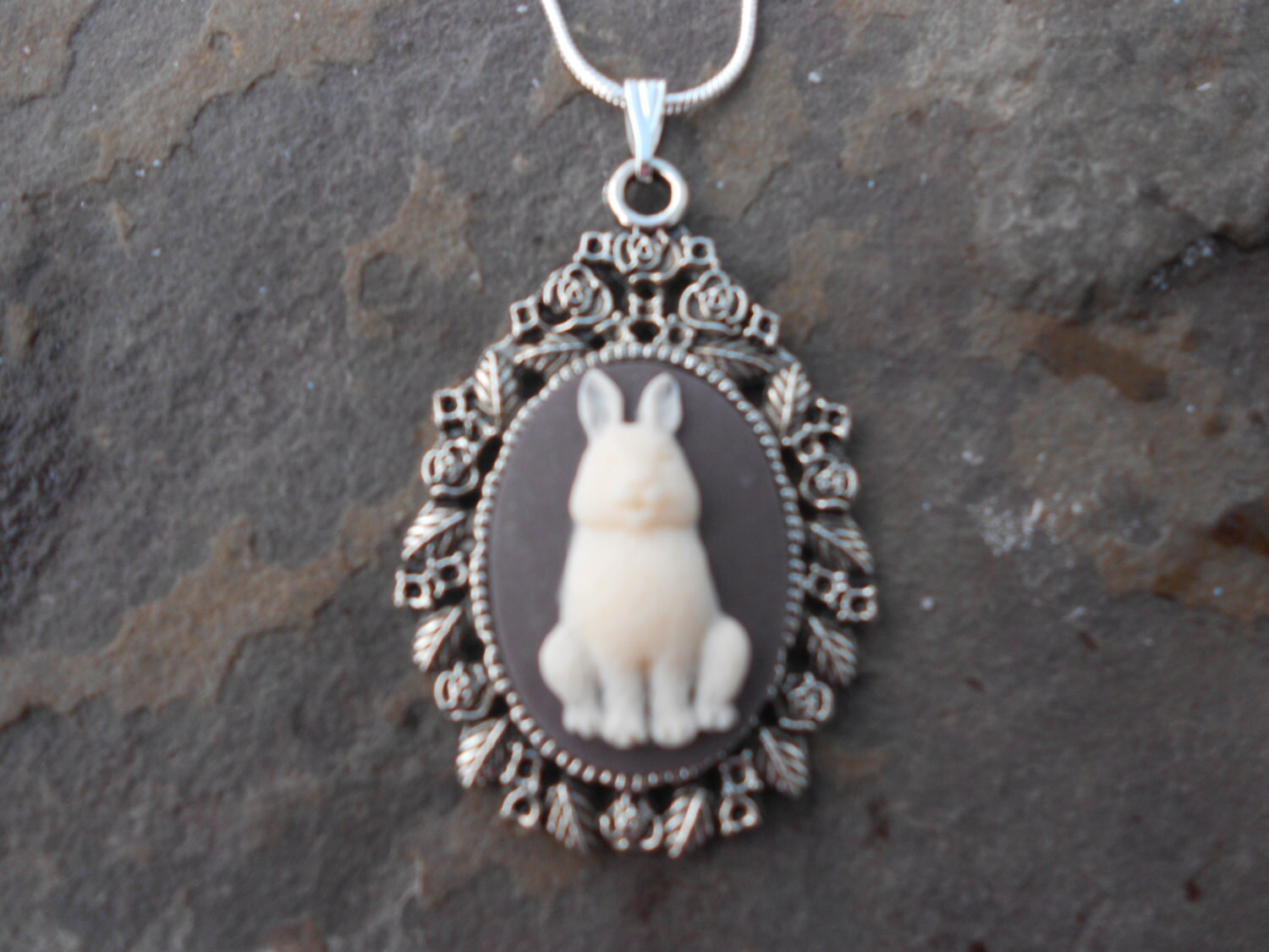 Stunning Ivory Bunny Rabbit (on a Dark Brown Background) Cameo Pendant ...