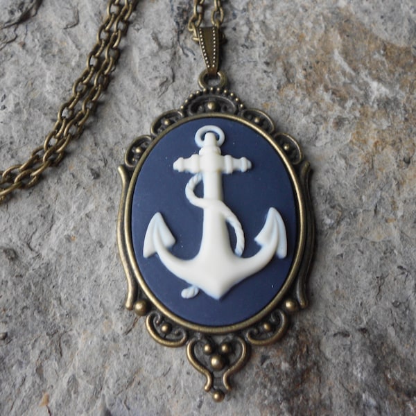 Anchor Cameo Necklace - Nautical - Naval, Navy, Sea, Ocean - Bronze Setting, Bronze Chain - Christams