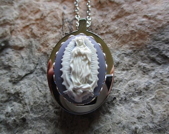 Choose Stainless Steel or Gold Plated - Lady of Guadalupe, Virgin Mary Cameo Urn Necklace - Ashes -Lock of Hair - Memorial - Religious Urn