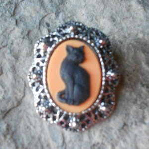 Halloween Black Cat (on Orange) Cameo-  Brooch/Pin/Pendant -- Great Quality!!! Spooky, Scary