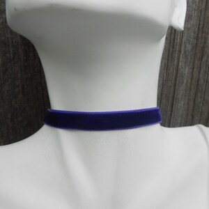 May include: A purple velvet choker necklace. The choker is thin and flat, and it is made of a soft, luxurious velvet.