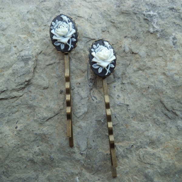 Gorgeous  Pair of Rose Cameo Bobby Pins, Hair Clips, Hair Accessories, Weddings, Matching Jewelry