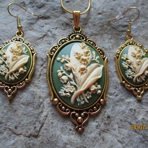 Choose Cameo Color - Lily of the Valley Gold Plated - Cameo Necklace and Earrings Set - Great Quality - Flowers - Floral - Wedding