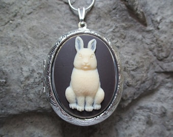 Choose Silver or Gold - Bunny Rabbit (cream on brown) Pendant Locket -  2" Long - Easter, Spring, Summer