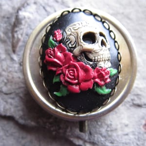 Kies voor brons, goud of zilver - Schedel en rozen hand geschilderd Cameo Pill Case - Pill Box - Meds - Stash - Goth - Gothic - Organisator
