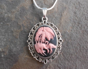 Stunning Pink Flamingos (on a black background) Cameo Pendant Necklace---.925 plated 22" Chain--- Great Quality