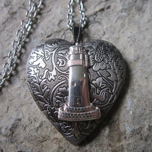 Choose Silver or Hematite Lighthouse - Heart Dark Silver Plated Locket - Cruise - Vacation - Nautical -  Keepsakes, Summer