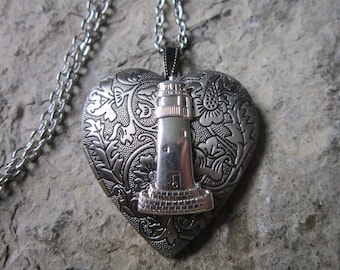 Choose Silver or Hematite Lighthouse - Heart Dark Silver Plated Locket - Cruise - Vacation - Nautical -  Keepsakes, Summer