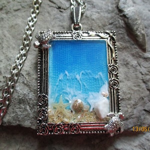 Ocean / Sea Resin Artwork Necklace - Real Caribbean Sand, Real Starfish, Shell, Rocks and Sea Turtle Charms - Seascape - Tropical - Vacation