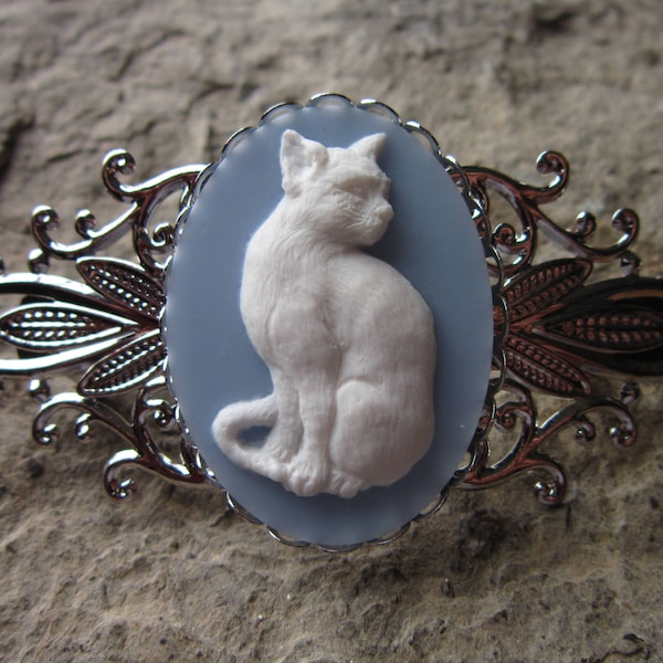 Wählen Sie weiß/blau, Creme/schwarz oder schwarz/weiß - Kitty Cat Cameo Silber filigrane Haarspange - Haar-Accessoire - Katzenliebhaber - Geschenk - Zubehör