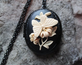 Butterfly Cameo Black Enamel Locket - Unique - Floral - Flowers - Gift - Cream on Black