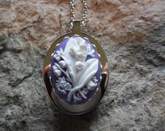 Choose Purple, Pink, or Green - Lily of the Valley Cameo Solid Stainless Steel Urn Necklace - Ashes - Floral - Memorial Jewelry