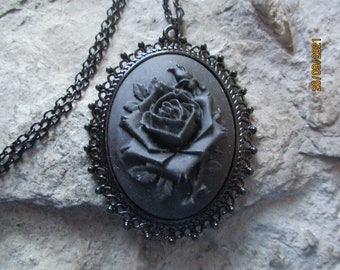 Choose Background Color Black, White, or Purple - Black Rose Cameo Necklace - Black Setting - Wedding - Bridal