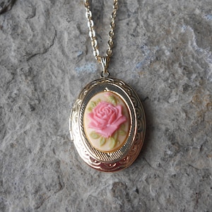 Choose Pink or Brown Rose Cameo Gold Plated Locket -  Weddings, Photos, Keepsakes, Gift