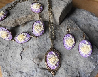 Stunning 3 Piece Bronze Set- Pale Yellow Rose on a Lavender Background Cameo Necklace, 5 Cameo Bracelet and Earrings Set- Great Quality