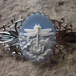 Choose Blue, Black, or Purple - Dragonfly Cameo Silver Filigree Barrette - Hair Accessory - Bride - Hair - Bridal Accessory