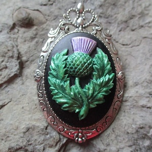 Choose Silver, Gold or Bronze - 2 in 1 - Scottish Thistle (Hand Painted) Cameo Brooch/Pin/Pendant - Celtic - Scotland