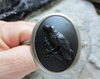 Choose All Black, Gray or White - Raven Dark Silver Plated Cuff Bracelet - Poe, Halloween, Spooky, Scary, Blackbird, Crow