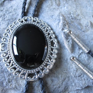 Choose Silver or Bronze - Black Onyx Gemstone Cabochon Unisex Bolo - Bola Tie - Necklace - Choker  - Stone - Crystal - Southwestern