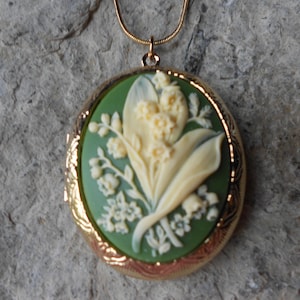 Choose Green, Lavender, or Black - Lily of the Valley Cameo Gold Plated Locket!!! 2&quot; Long -  Great Quality,  Weddings, Photos, Keepsakes