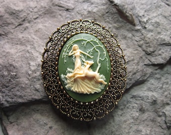 Choose Green, Black or Brown -2 in 1 -  Goddess Diana the Huntress Cameo Gold Plated Brooch/Pin/Pendant, Beautiful Detail,