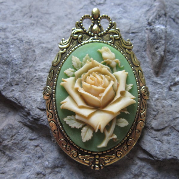Choose Gold, Bronze or Silver - 2 in 1 - Yellow Rose on Green Cameo Brooch/Pin/Pendant- Unique
