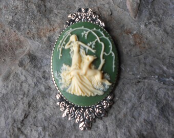 You Choose Color - Goddess Diana with Deer, The Huntress, Woodland Cameo Pin/Brooch --.925 plated 22" Chain--- Great Quality