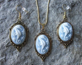 QUALITY blue SEAHORSE CAMEO NECKLACE AND EARRINGS SET 925 PLATE CHAIN 