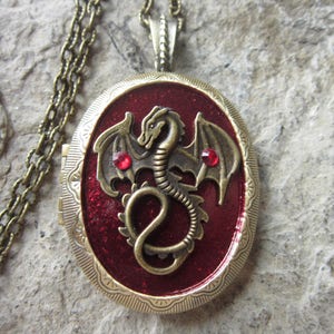 Dragon Bronze Pendant Locket - Burgundy, Blood Red Background with Rhinestones-  Great Quality