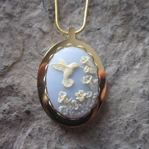 Choose Blue or Black - Hummingbird Cameo Gold Plated Stainless Steel Urn Necklace - Ashes -Locket of Hair- Bird - Memorial - Urn