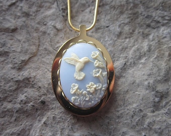 Choose Blue or Black - Hummingbird Cameo Gold Plated Stainless Steel Urn Necklace - Ashes -Locket of Hair- Bird - Memorial - Urn