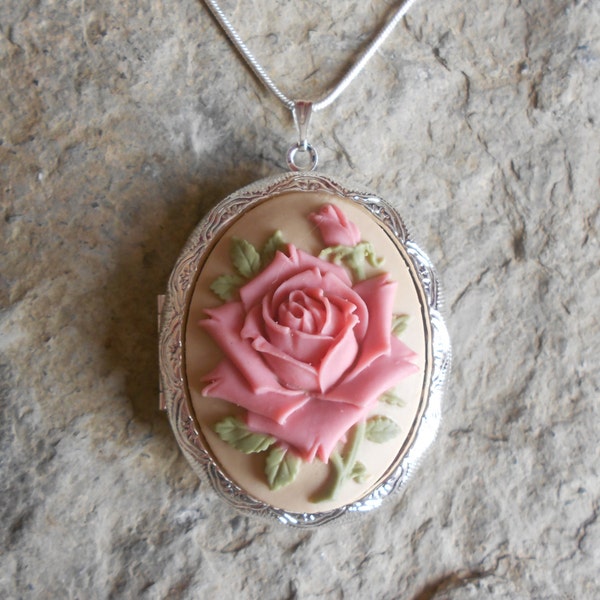 Cameo Locket!!! Pink Rose on Tan!!! Gorgeous Colors!!! High Quality!!!  Weddings, Photos, Keepsakes